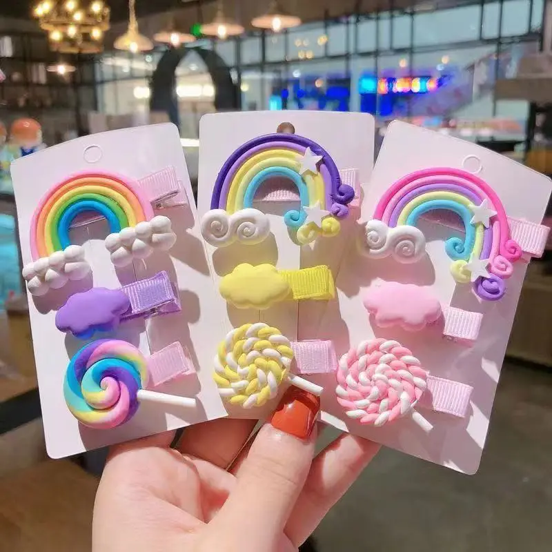 Pinzas para el cabello de pico de pato con nube de arcoíris, estilo arcoíris caramelo para niños/mujeres, Clips y palos de borde lateral, lindos adornos para el cabello para niños