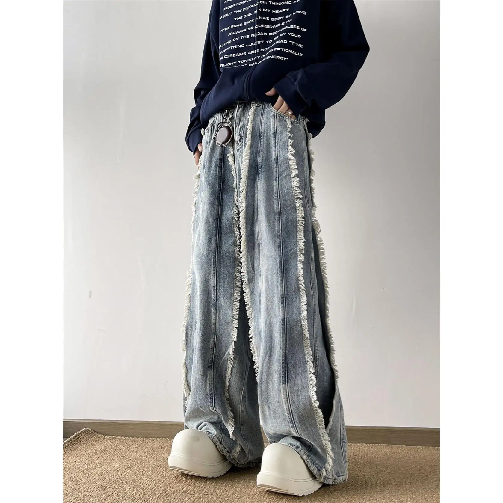 Calças Jeans de Algodão Estilo Americano Desconstruídas com Barra Desfiada, Perna Larga e Solta, para Homens e Mulheres, Casu...