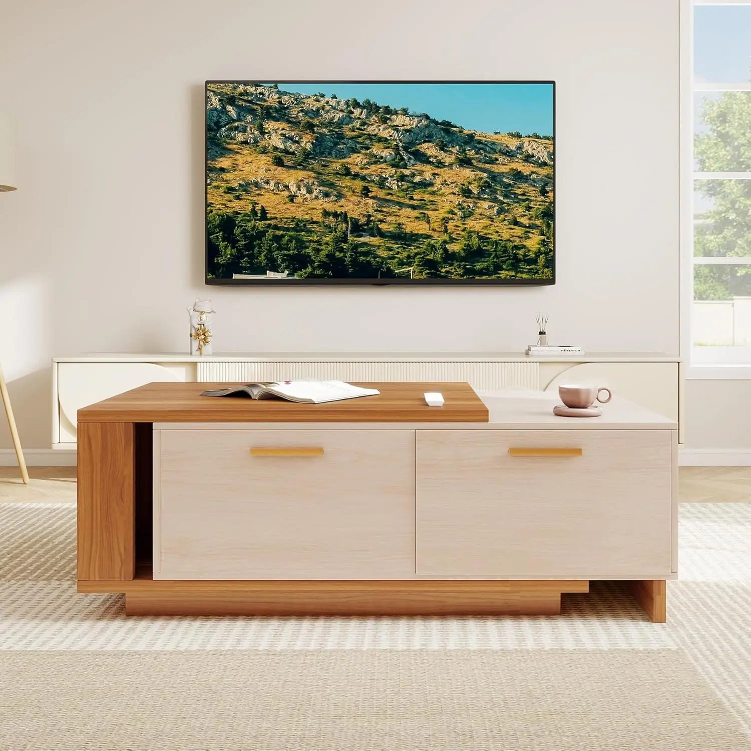 طاولة قهوة قابلة للتمديد مقاس 42 بوصة - 65 بوصة مع مساحة تخزين، طاولة قهوة خشبية قابلة للعكس مع درجين، علامة تبويب مركزية كبيرة قابلة للتعديل بلونين