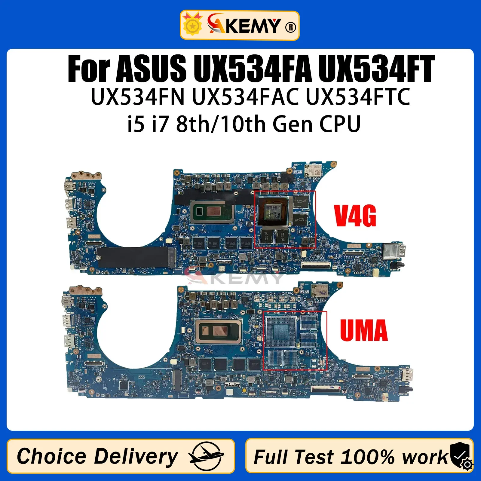 

AKEMY Mainboard For ASUS UX534FA UX534FAC UX534F UX534FN UX534FT UX534FTC Laptop Motherboard i5 i7 8th/10th Gen CPU GTX1650/UMA