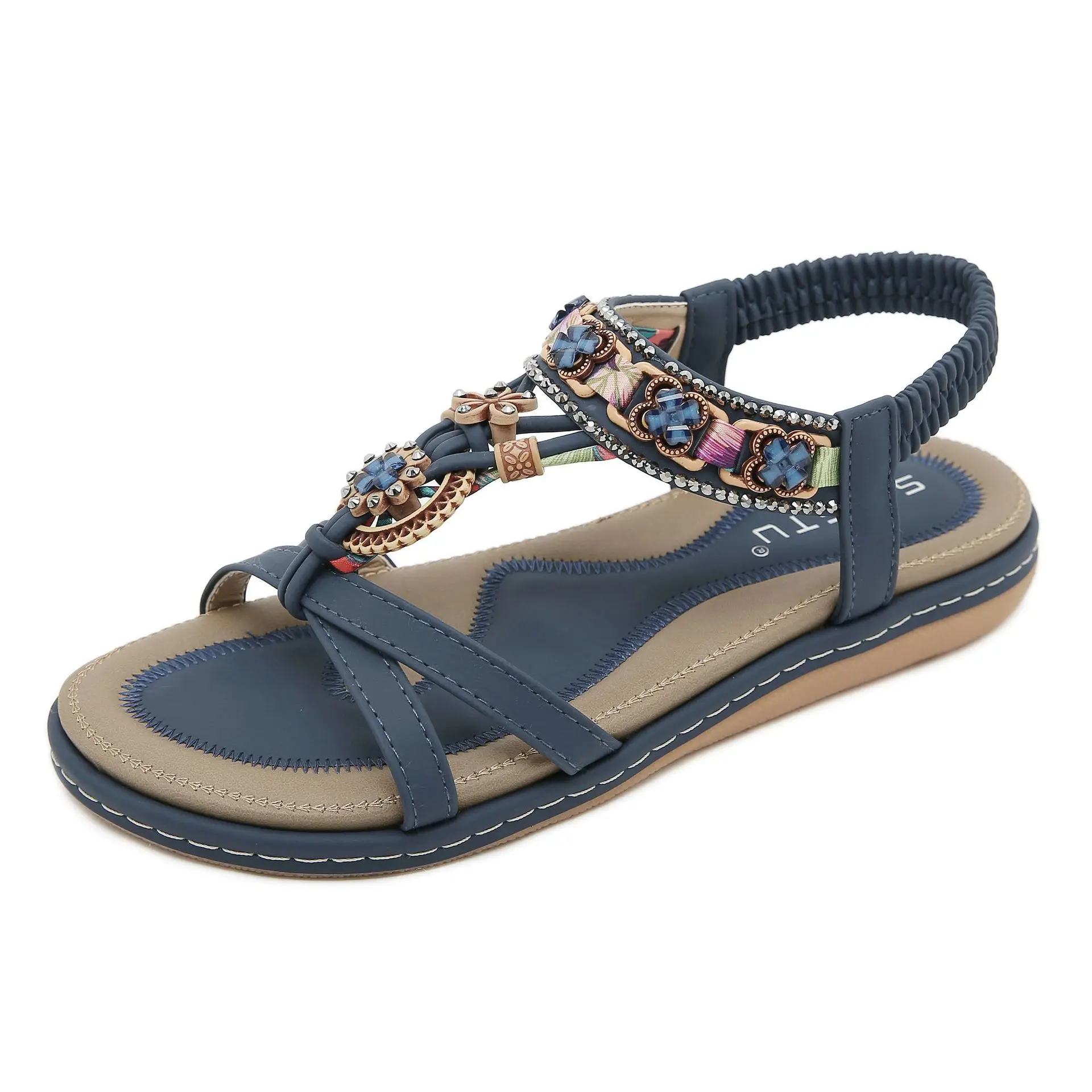 2024 Summer Flower Beaded Decoration Comfortable and Leisure Beach Round Head Flat Bottom Sandals for Women W676-1