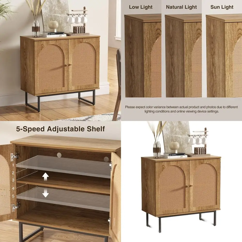 

Шкаф-буфет с дверью из ротанга, хранилище в стиле бохо с металлическими ножками, деревянная мебель с акцентом для столовой/гостиной, прихожая/прихожая (натуральный, 2 ду