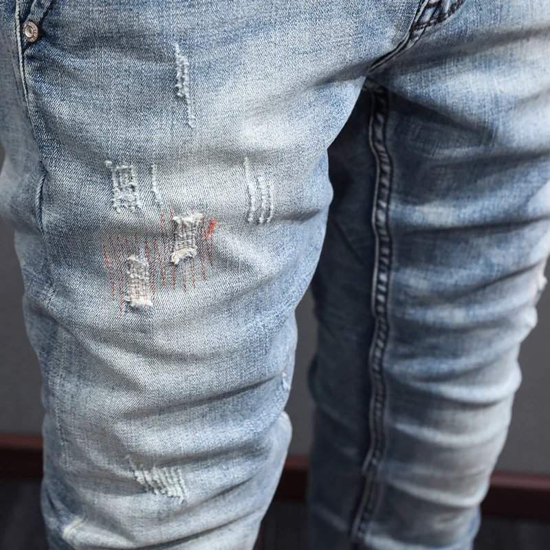 Fashion Vintage Men Jeans High Quality Retro Light Blue Elastic Slim Fit Ripped Jeans Men Embroidery Designer Denim Pants Hombre