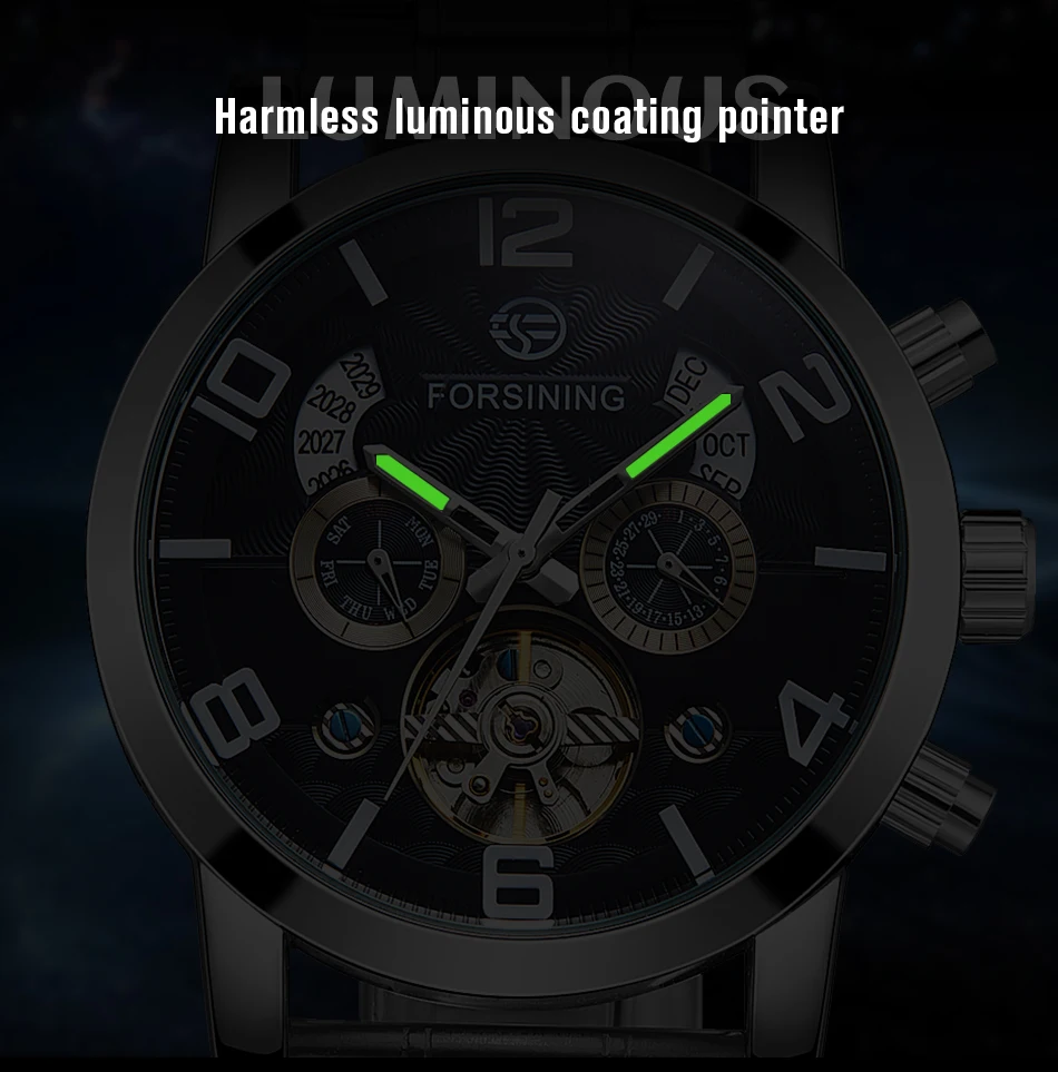 FORSINING Stainless Steel Strip Perpetual Calendar Tourbillon Automatic Movement Big Man Watch Mechanical High-end Luxury Clock