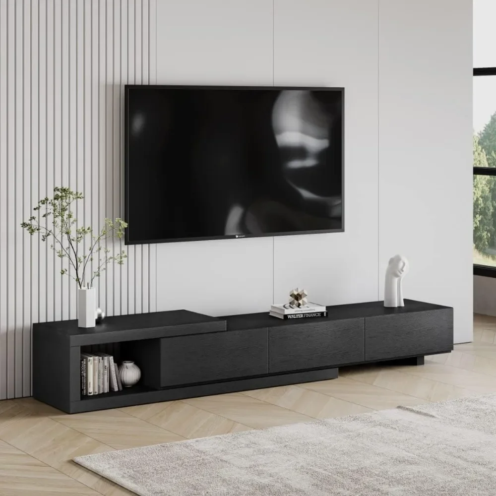 

70"-100" Extendable TV Stand with Storage Solid Wood Black TV Media Console Modern Retractable Entertainment Center