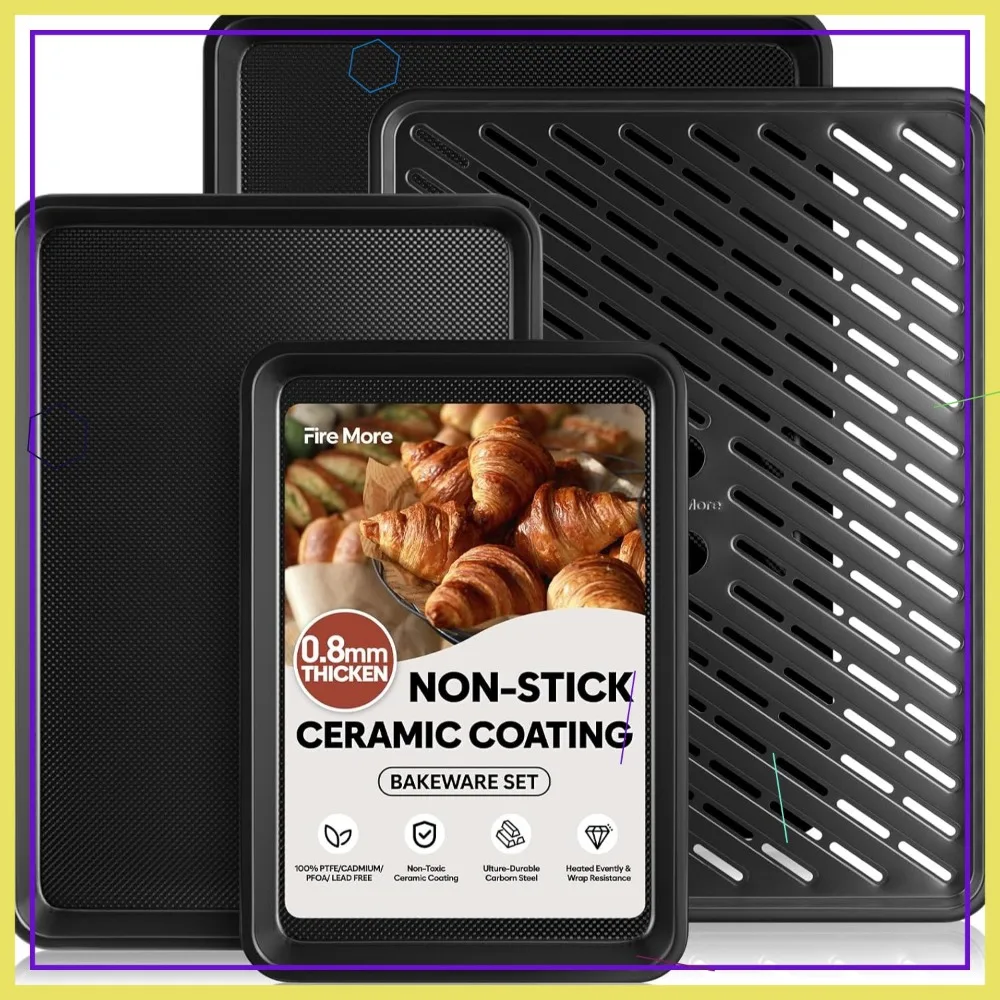 

4-Piece Baking Sheet Set with Cooling Rack, Nonstick Oven Pans for Cookies & Roasts, Heavy Duty Diamond Texture