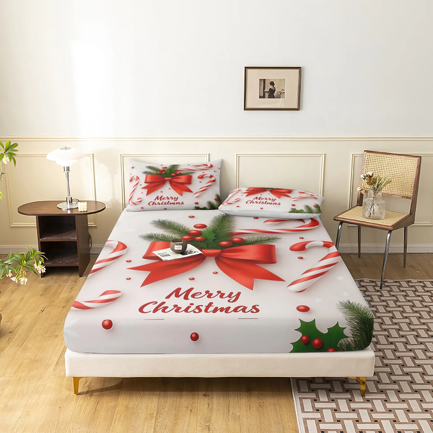 3pcs Classic Merry Christmas Fitted Sheet Set, Large Red Bow Candy Canes and Holly Pine Leaves Festive Holiday Bedding