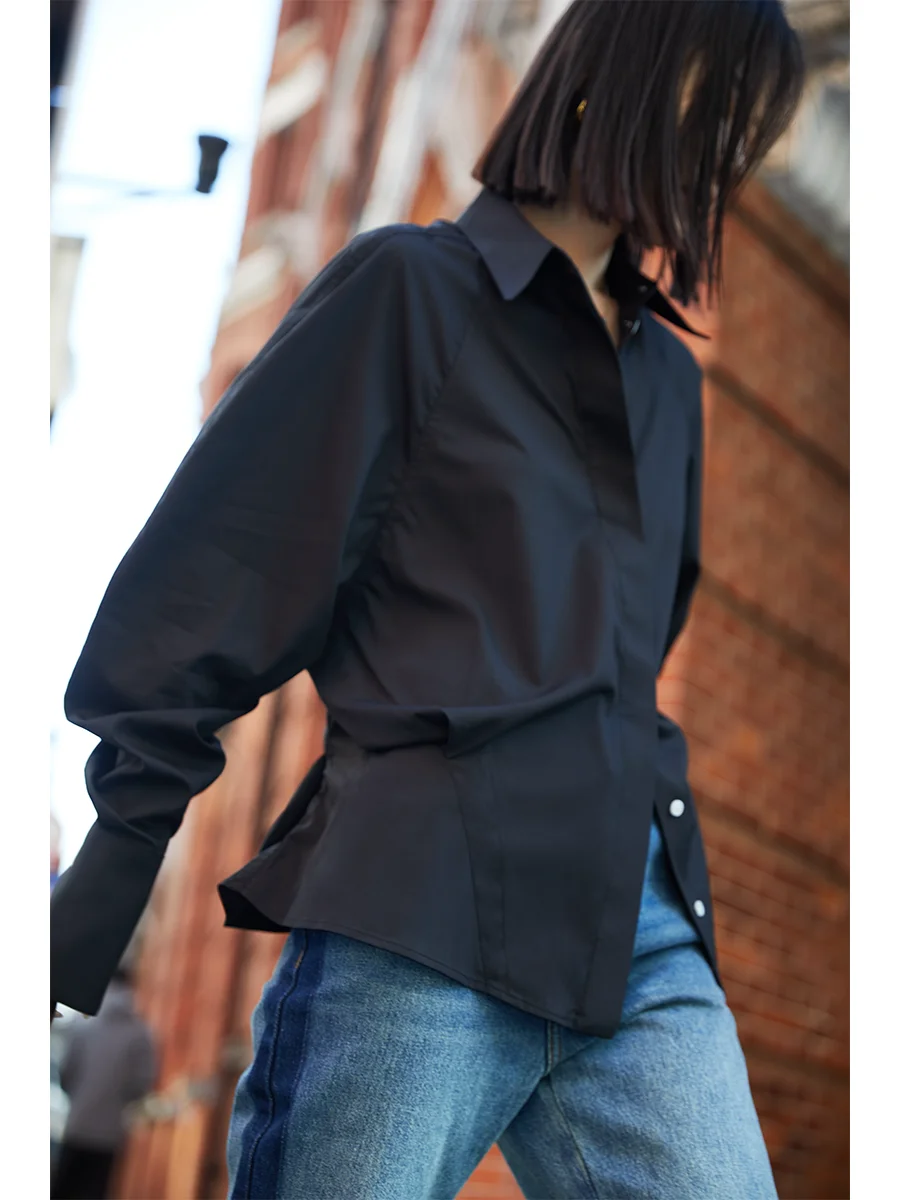

JXu lectual Practical Simplici High Skin-friendly Cotton Bla Mid-length Long-sve irt Commute Sle Loose Fit
