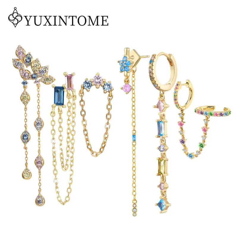 

YUXINTOME 925 Silver Needle Colored Crystal Zircon Tassel Chain Earrings For Women Luxury High-end Fashion Party Jewelry Gifts