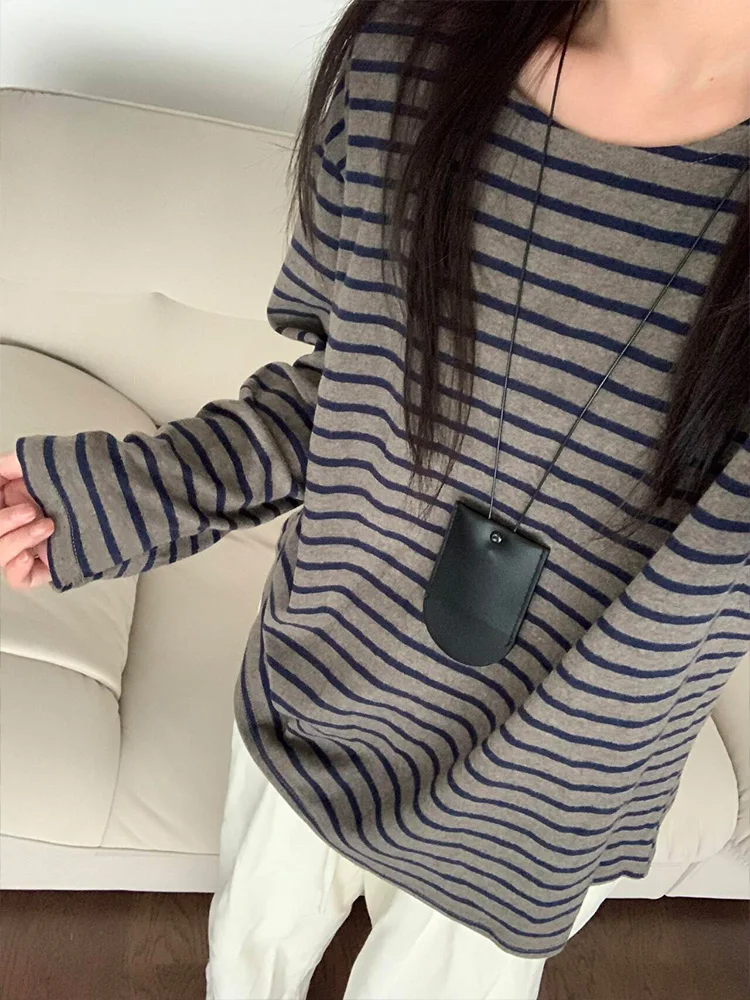 Japan fashion Retro Stripe Sanding Long sleeves Shirt Women Autumn and Winter 2024 New Loose Korean Series Lazy Relaxed Feeli...