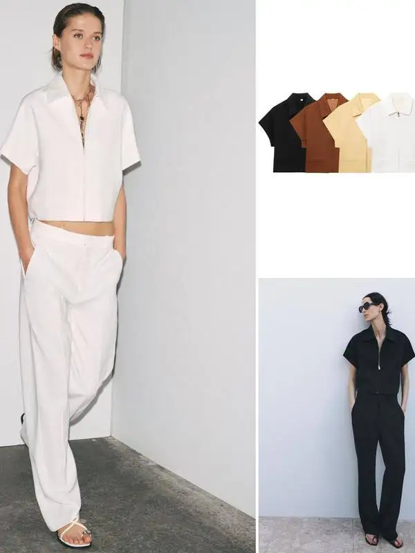 Pantalones de pierna recta de talla grande para mujer, pantalones largos con cuello vuelto, cierre de cremallera de Color Four Seasons