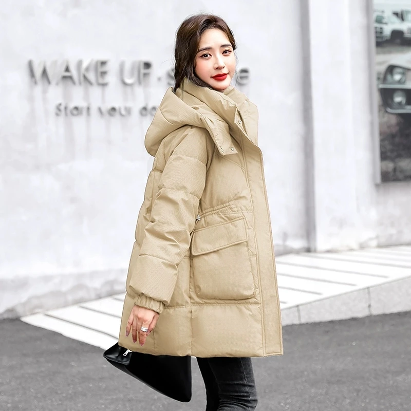 

Women's Hooded Down Cotton Jacket 2025 New Winter Long Coat Fashion Thick Warm Casual Zip Outerwear Pure Color Ladies Clothing
