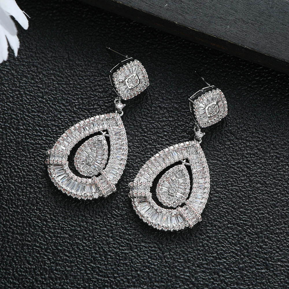 

Luxury Exquisite Geometric Square Hollowing Out Waterdrop Drop Earring For Women Wedding Full Cubic Zircon Dubai Jewelry E1252