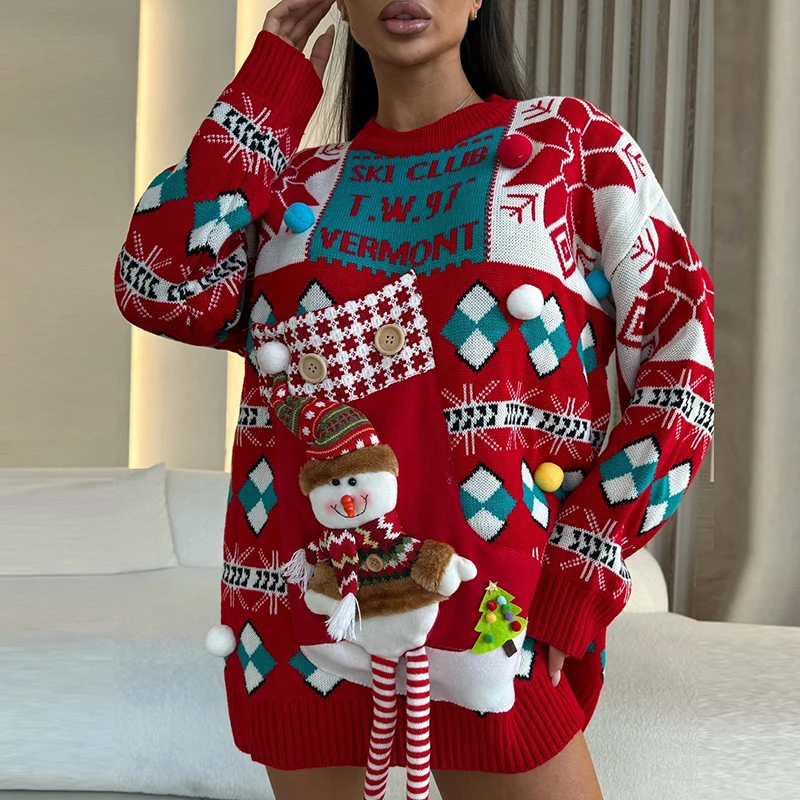 2024 Winter Christmas Long Sleeved Knitted Tops Fashion Pattern Printed Patchwork Women Sweater Elegant O-neck Festival Sweater