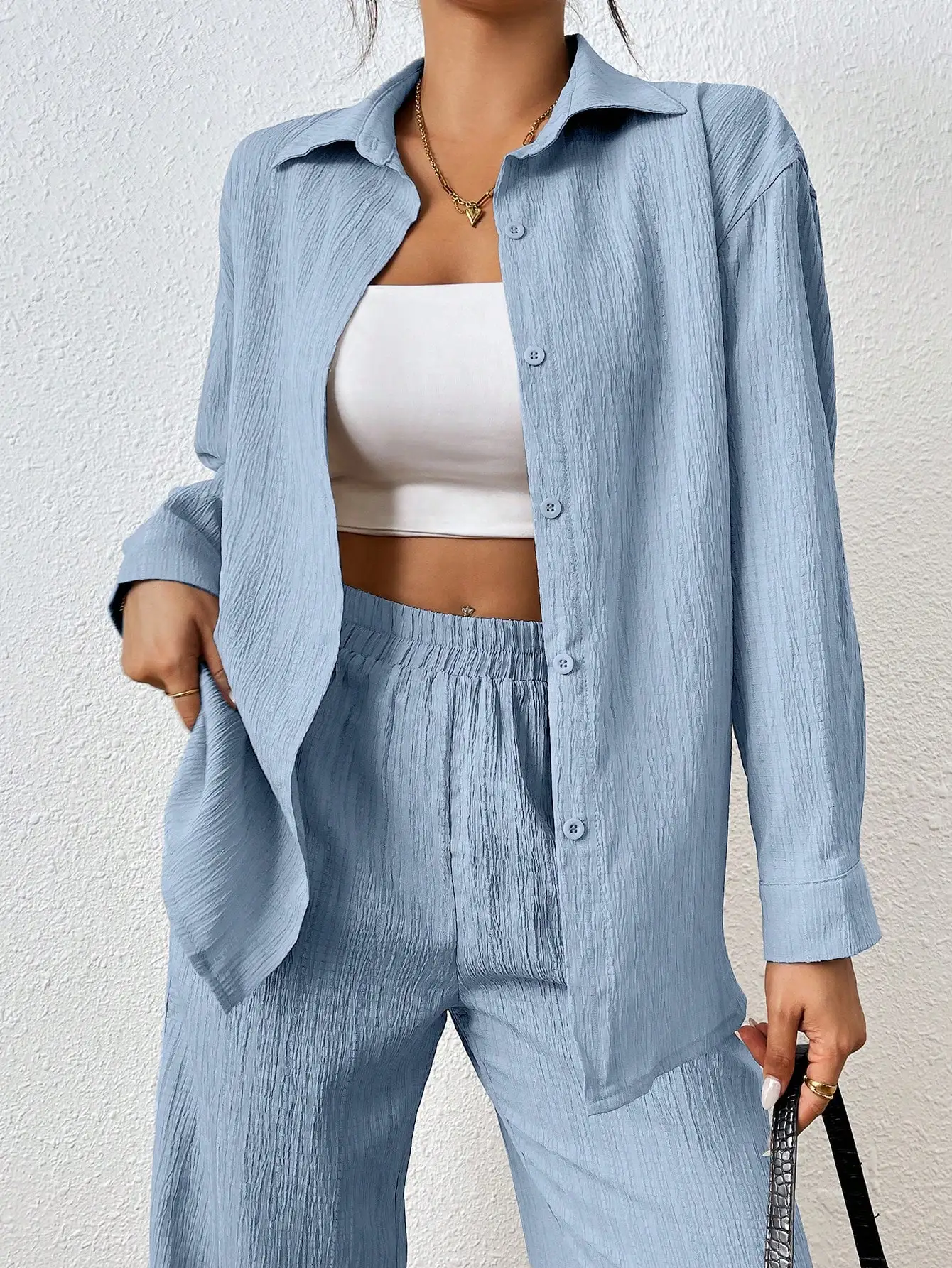 

Light Blue 2 Piece Set Women Long Sleeve Shirt And Wide Leg Pants Casual Outfit