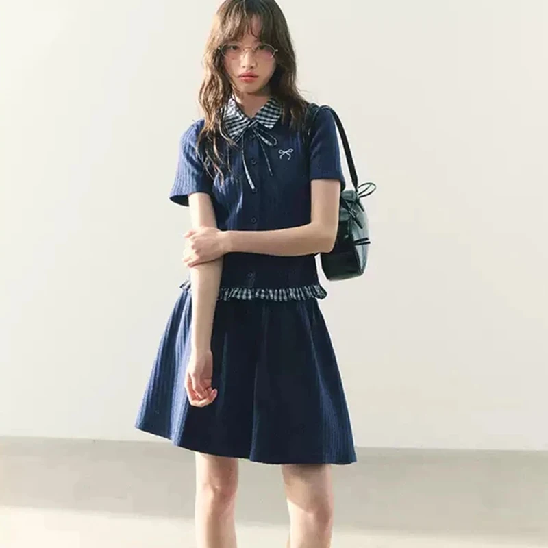 Summer Knitted Preppy Style Two Piece Sets Retro Women Ruffles Patchwork Sweet Embroidery Shirt A Line Chic Mini Skirt New