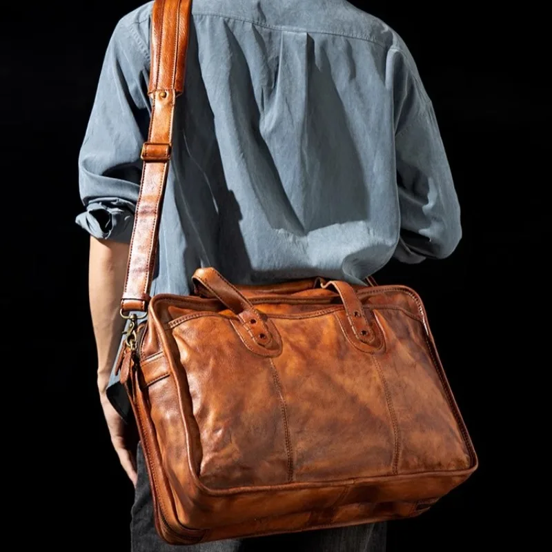 Borse da lavoro casual fatte a mano in pelle di vacchetta da uomo Valigette in vera pelle Borsa per computer a tracolla con tracolla orizzontale
