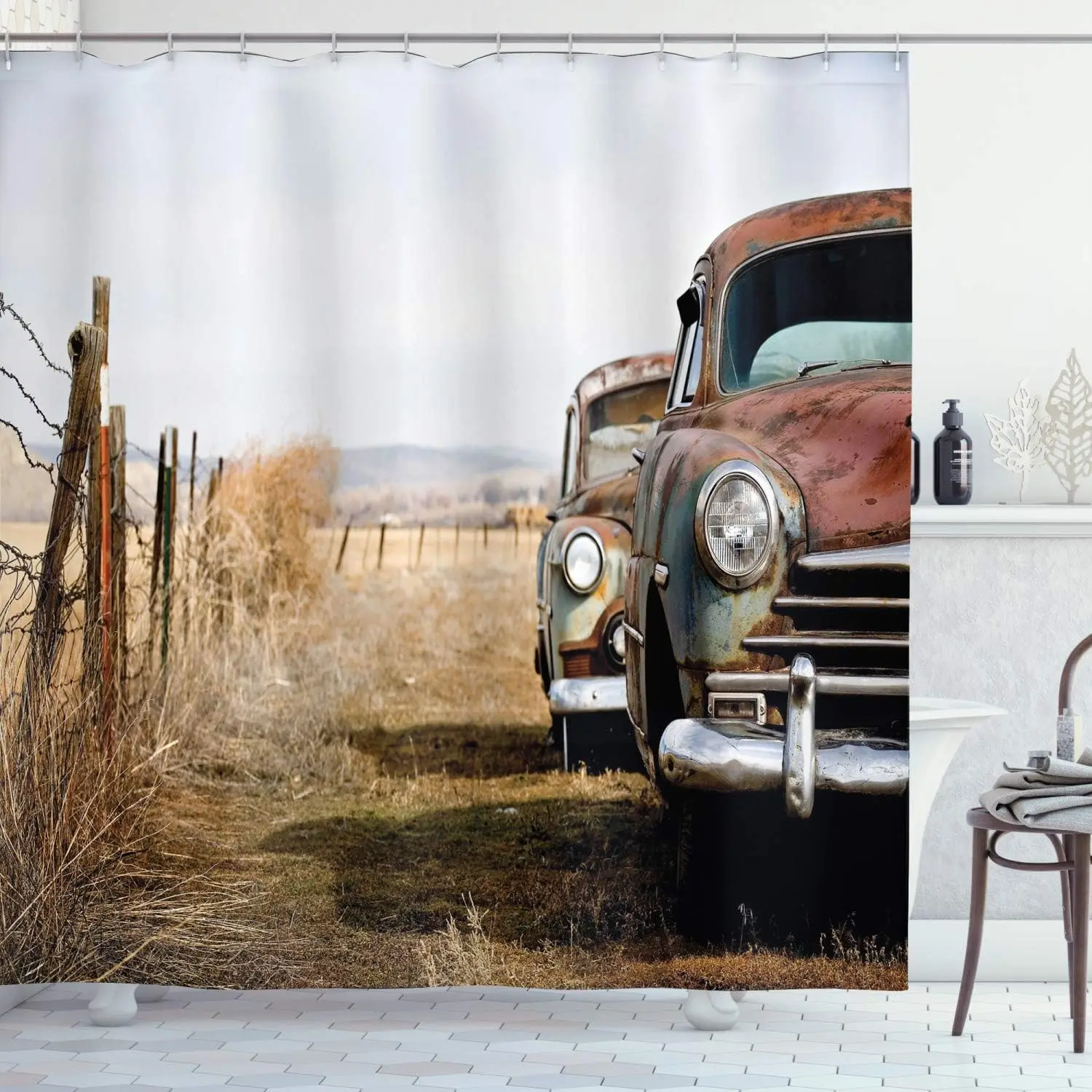 

Vintage Car Shower Curtain Rusty Classic Abandoned Trucks Wyoming Countryside Antique Americana Decor with Hooks