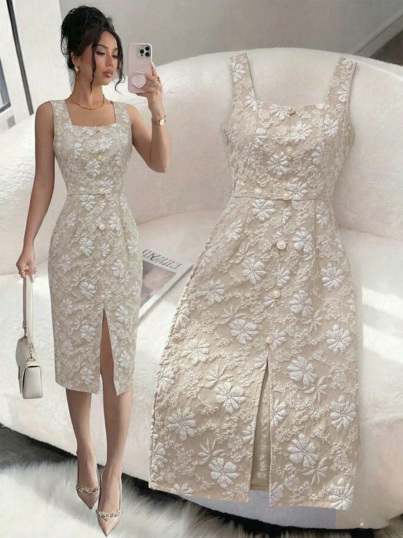 Damen-Midirock mit quadratischem Ausschnitt und einreihiger Knopfleiste aus Jacquard; ärmelloses, figurbetontes Kleid mit Schlitz und Hüftbetonung. – Detail 1