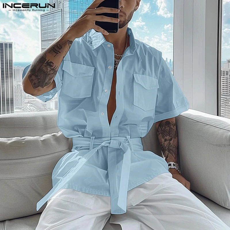 INCERUN Men Shirt Solid Lapel Short Sleeve Pockets Lace Up Men Clothing With Belt Streetwear 2024 Summer Fashion Casual Shirts