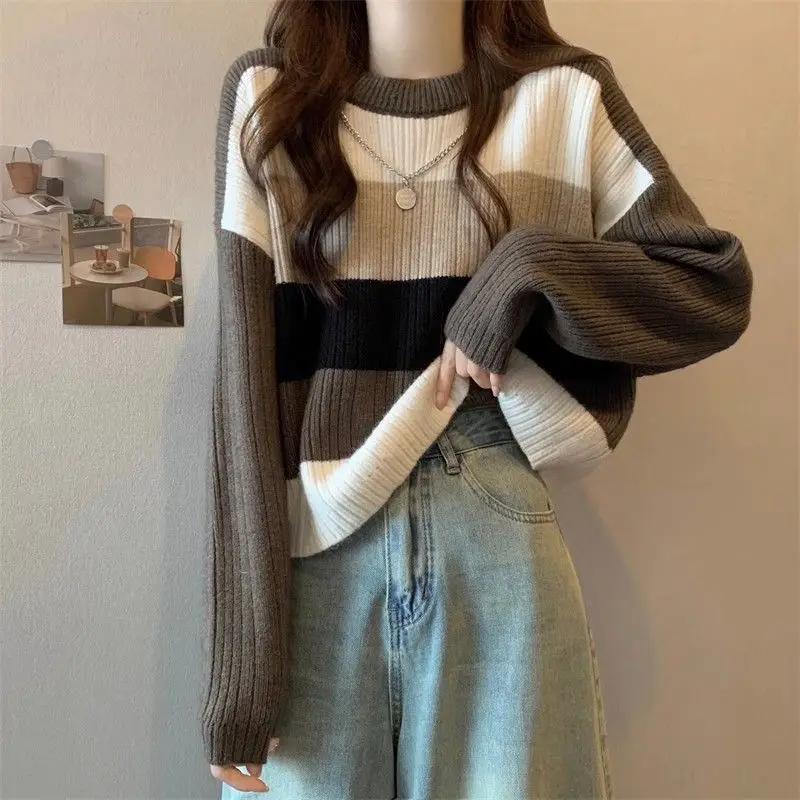 Vintage Kontrast farben gestreifte Pullover Damen bekleidung O-Ausschnitt Herbst Winter lose Patchwork Langarm gestrickte Pullover