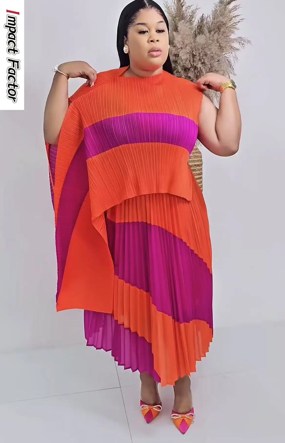 

Miyake Pleats 2025 Fashion Splicing Color Suit Women's Irregular Top + Skirt Loose Irregular High-end Two-piece Set