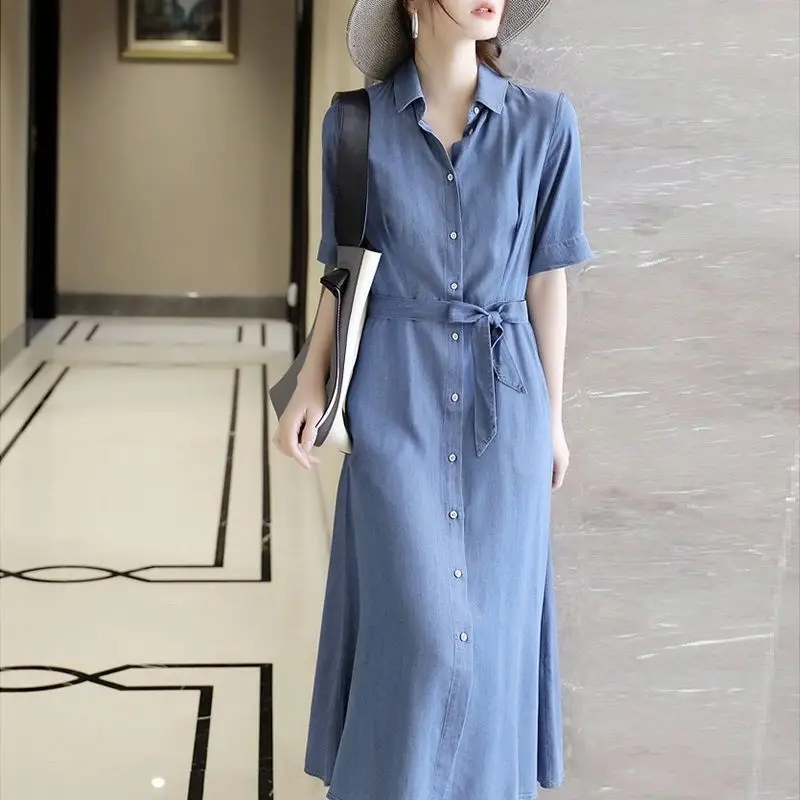 Women Denim Shirts Dress 2024 Spring Summer Elegant Short Sleeve Jean Dresses Casual With Belt Robes Vestidos Largos