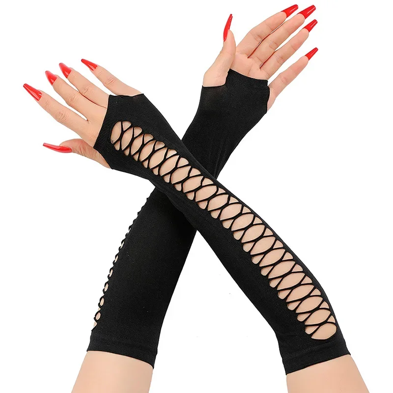 Halloween Black Fishnet Fingerless Long Gothic Gloves Elasticity Arm Cuff Party Wear Women Gloves Cosplay Mitten
