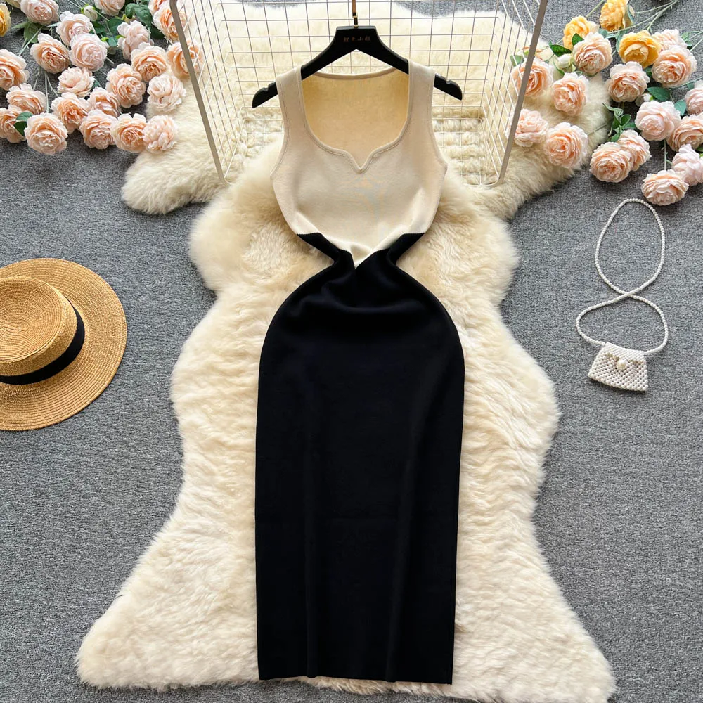 YuooMuoo femmes robe 2023 nouvelle mode Vintage couleur Patchwork une pièce tricoté robe moulante Sexy Wrap hanches dame fête robes