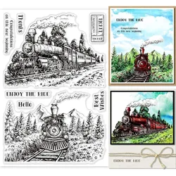 1 pc Vintage Trains Clear Stamps for Card Making Decorative Words Background Steam Car Transparent Silicone Stamps for DIY