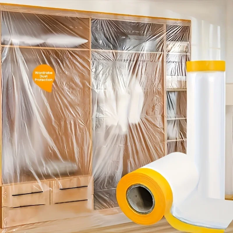 1Roll Waterproof Pre Taped Masking Film Roll with Cover Self Adhesive Plastic Sheet for Car Painting Home Wall Protection