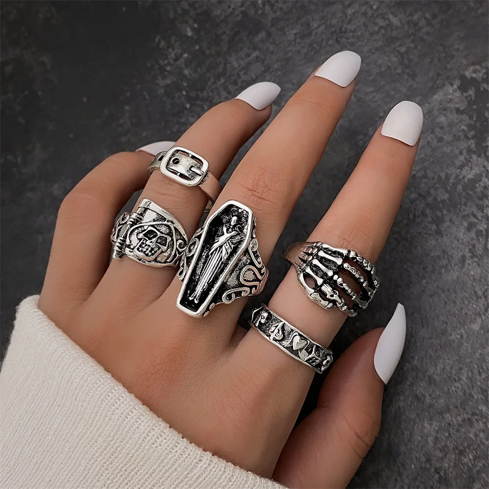 IFMIA Vintage Gothic Skull Ring For Women Men Silver Color Metal Palm Heart Rings Set Fashion Jewelry Gifts