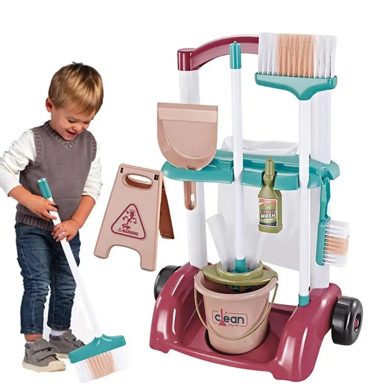 Simulation Cleaning Tool Cart Pretend Play Kids Toys Broom For Children Home Cleaning Hygiene Toys Vacuum Cleaner Broom Mop Set