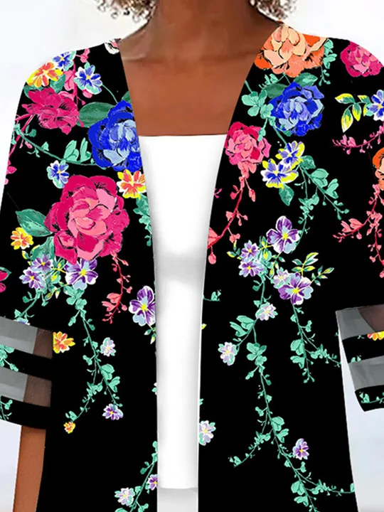 Plus Size Dames Halve Mouw Ronde Hals Met Bloemenprint Grafische Tweedelige Tops