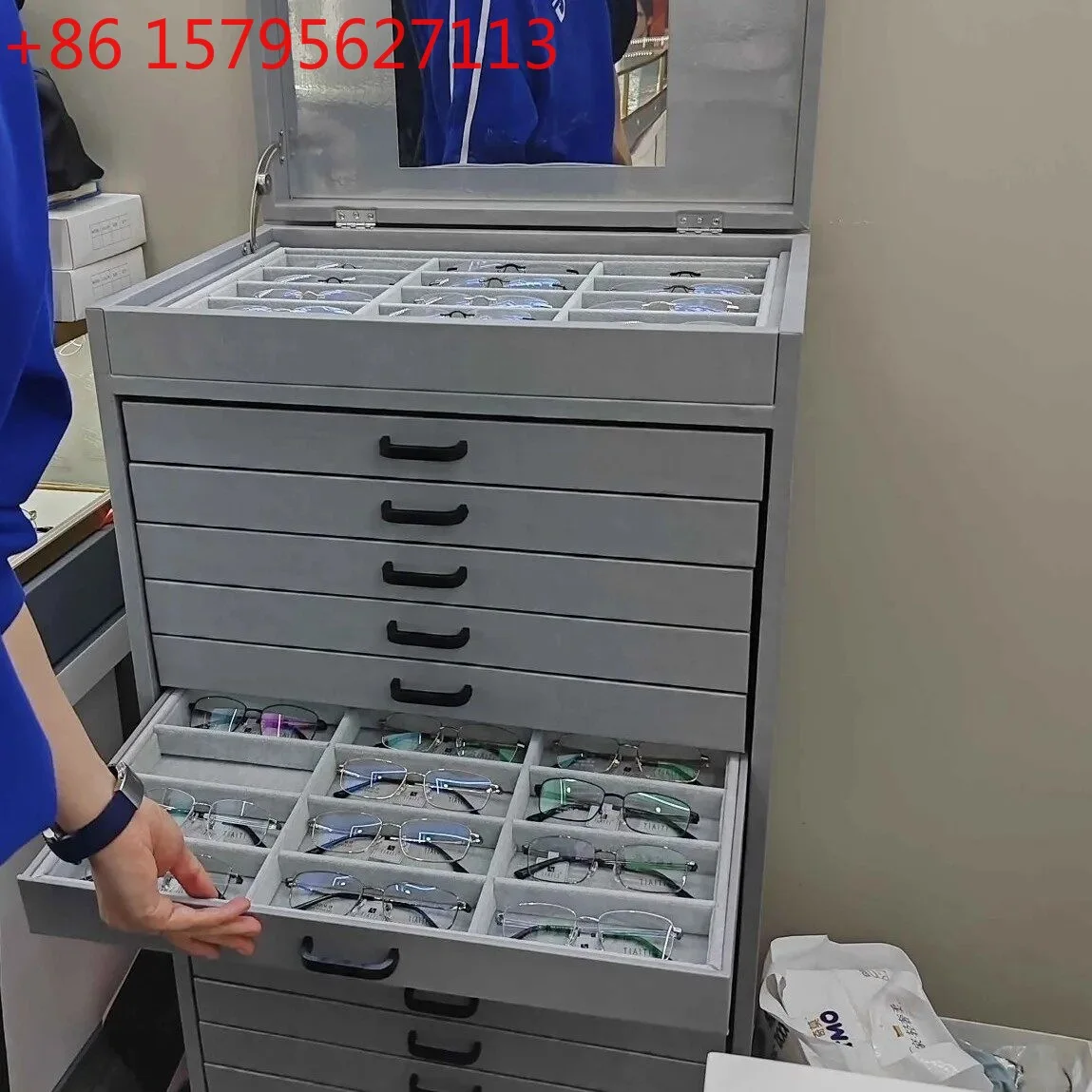 Optical shop gray leather glasses display  multi-layer drawer optical sunglasses display stand clamshell storage