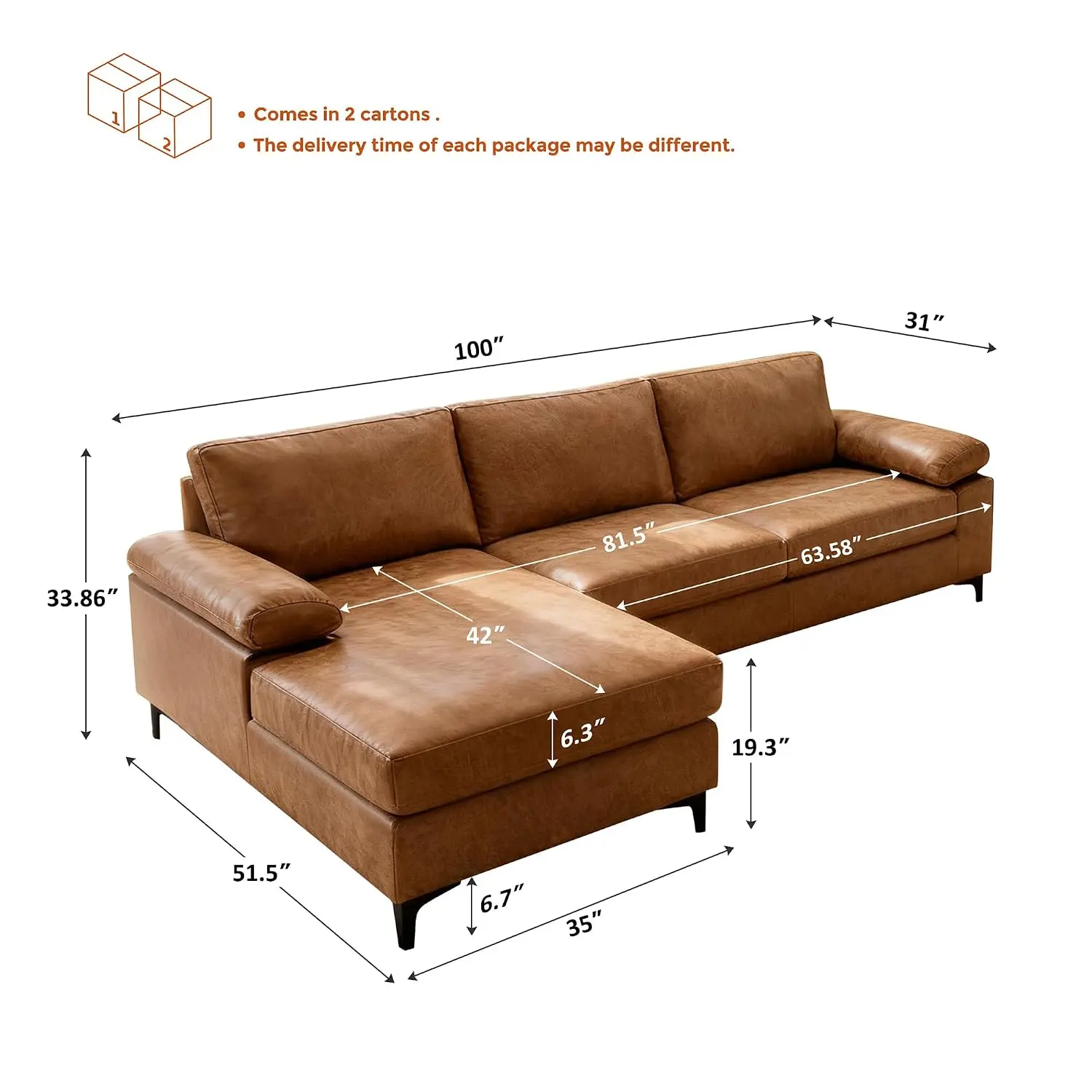 Faux Leather Sofa Reversible Chaise Apartment Living Room Brown, Customized