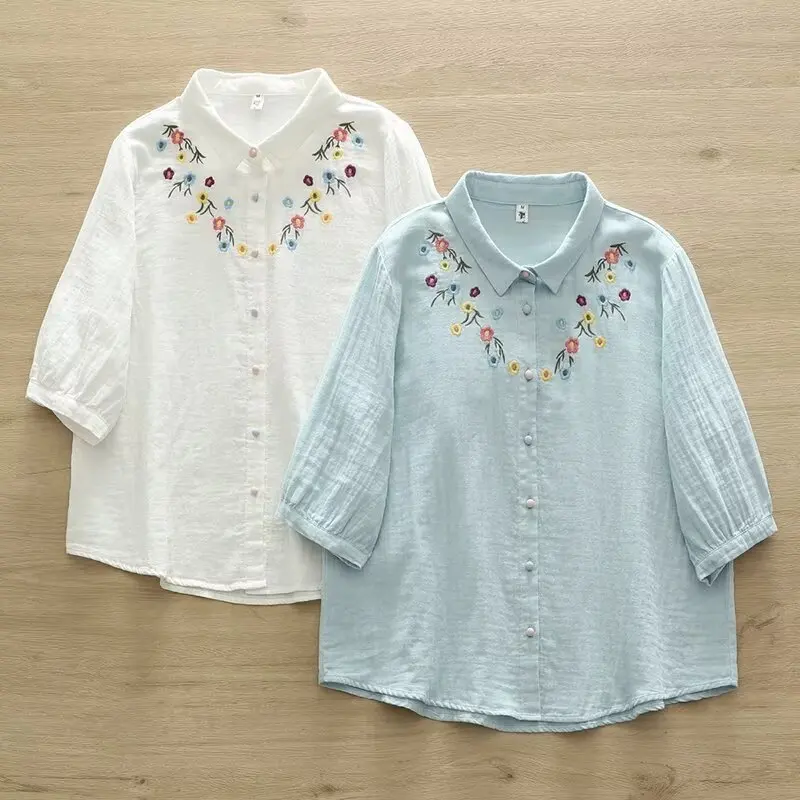 New Summer Cotton Yarn Short Sleeve Polo Neck Embroidery Tops Mori Girl Casual Sweet Loose Retro Blouse 2024 Autumn T46442QM