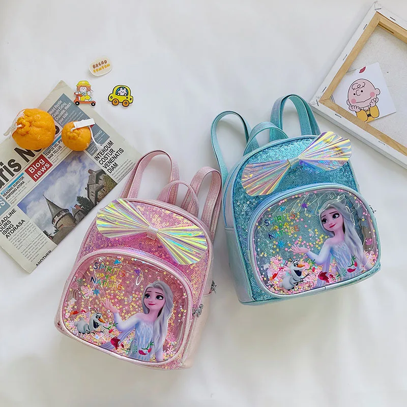 Disney Frozen Backpack Sequins Frozen Elsa Anna Princess Children\'s Backpack Fashion Girl Kawaii PU Leather Travel Backpack Gift