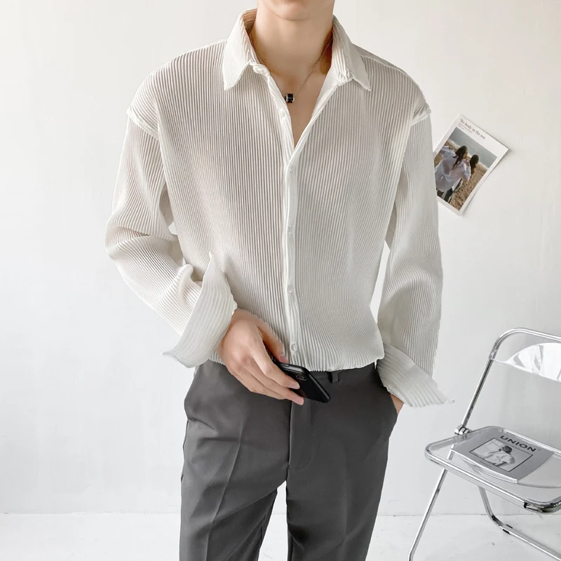 

Men Korean Fashion Striped Long Sleeve Casual Shirts 2023 Male Solid Oversized Shirt Tops Male Button Up Clothing Blouses Y81