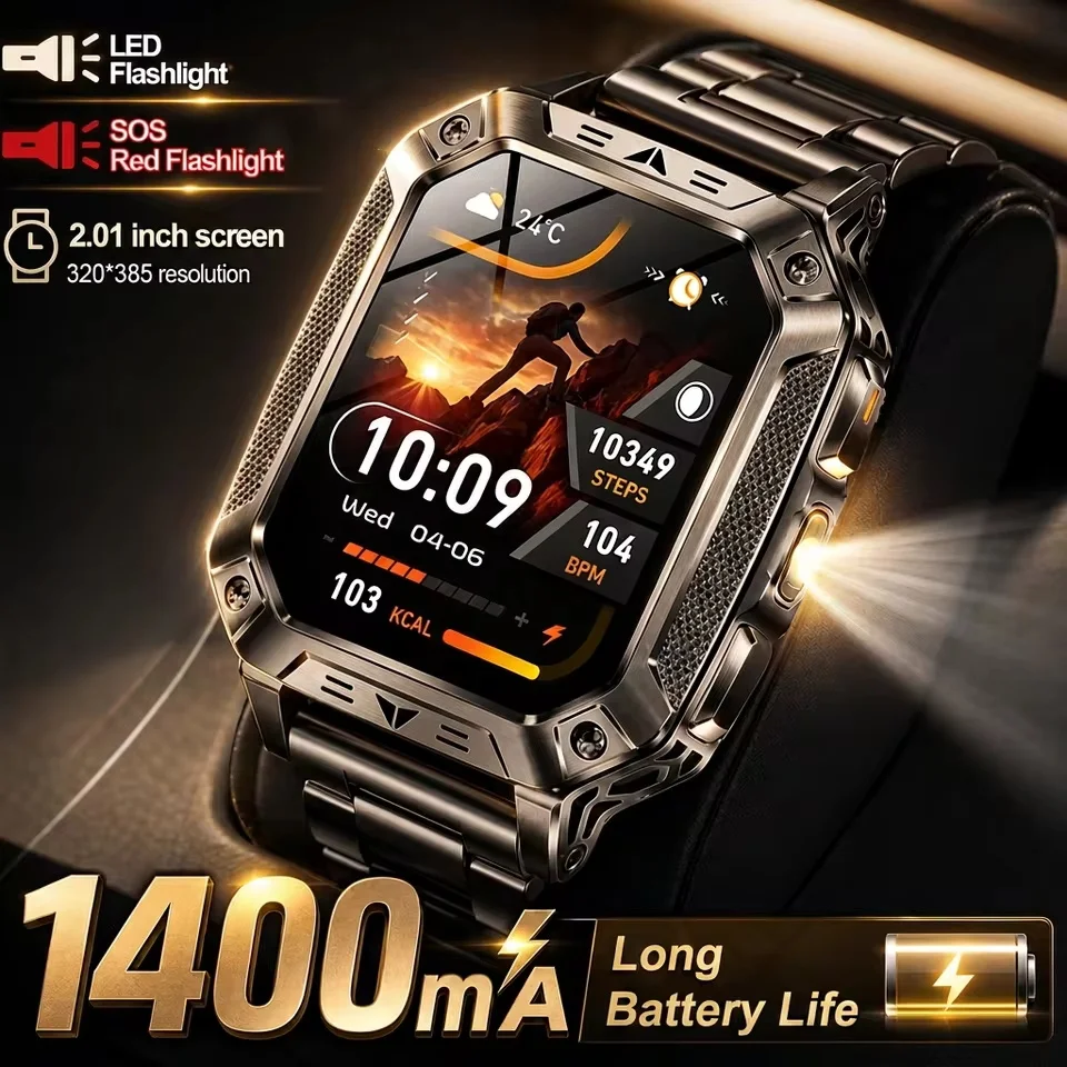 TANK Military 1400mAh Smart Watch Durable Large Battery IP68 Waterproof Tactics GPS Flashlight Clock 100+Sport SOS HD Call Watch