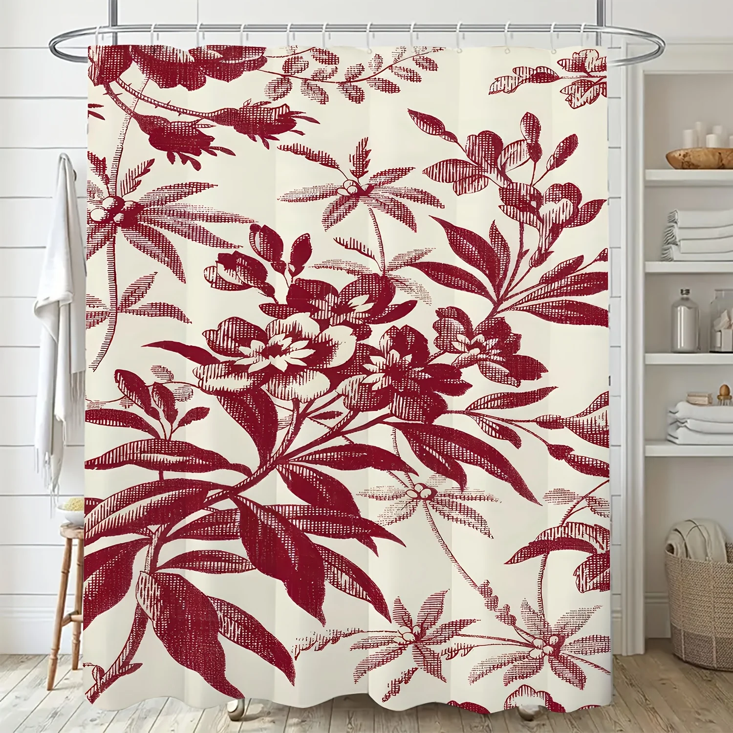 

1 шт. Элегантная красная занавеска для ванны с цветочным принтом — прочный полиэстер, можно стирать в машине, художественный красный и белый цветочный дизайн с зелеными листьями,