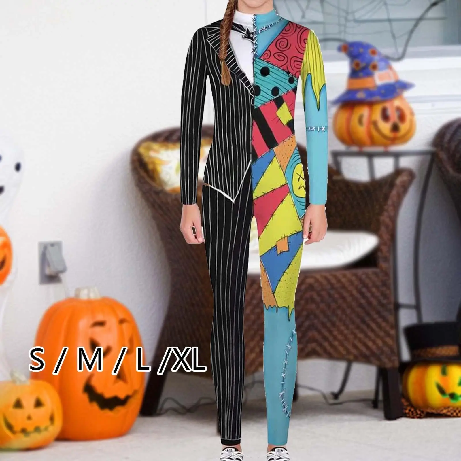 

Women Halloween Costume Elastic Long Sleeve Back Zipper Jumpsuit Outfit for Dress up Party Masquerade Carnival Performance