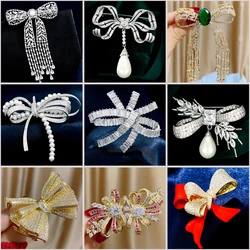 Elegant Tassel Brooches Luxury Copper Zircon Bow Broche Creative Temperament Freshwater Pearl Pin Women's Clothing Accessories