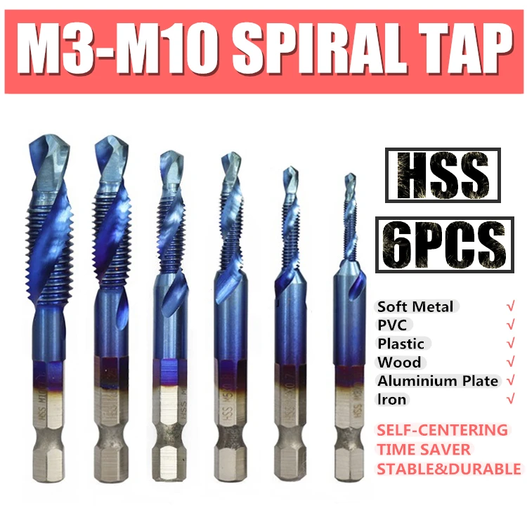 High-speed Steel Hexagonal Shank Three-in-one Composite Tap, Drilling, Tapping and Chamfering Integrated Spiral Machine Tapping