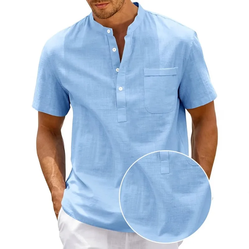 Men Solid Stand Collar Half Button Short Sleeve Henley Shirt Chest Pocket Loose Linen Blend Casual Summer Tops - view 5