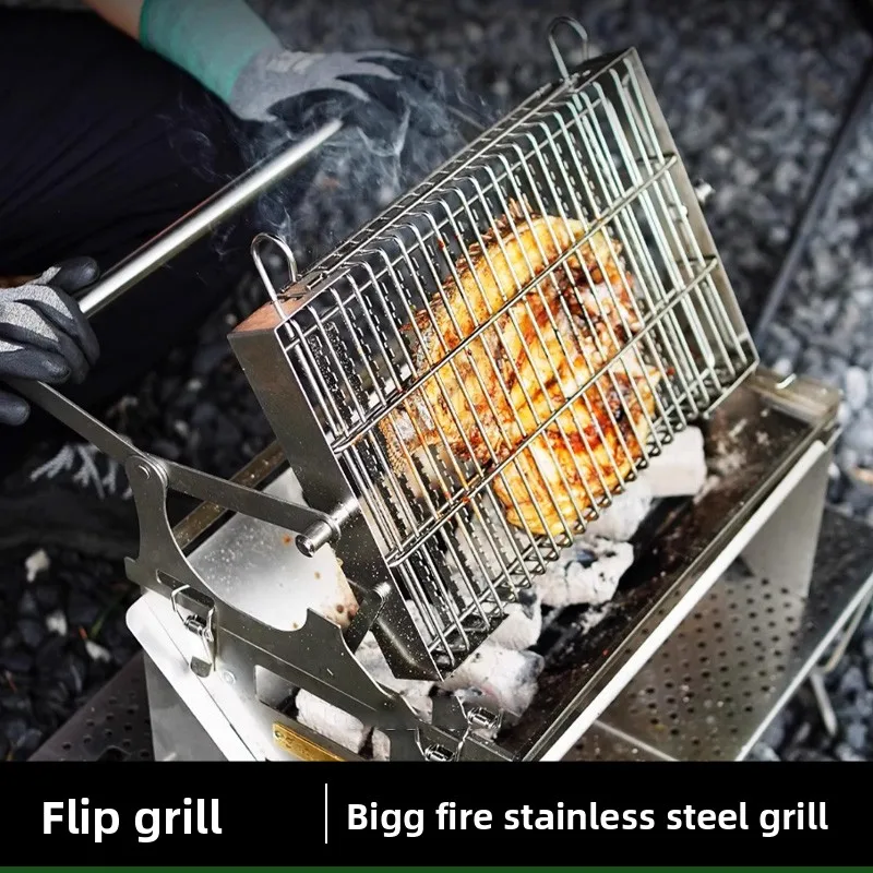 

BiggerFire Outdoor Rotating BBQ ill 360° Thi Stainl Steel Non-Sti Coating Portable Cam Travel Cooking Equipment