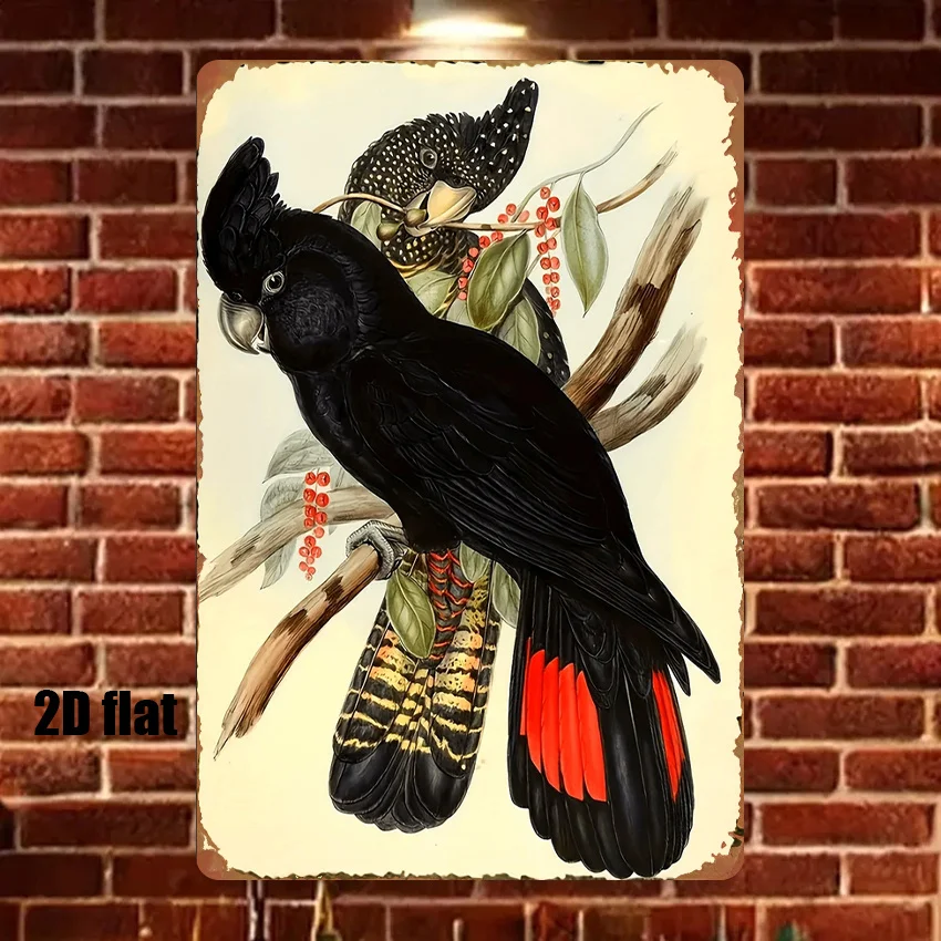 2D Metal Wall Art Black Parrot Red Berries Branches Heavy Iron Sign 8x12 Inch Vintage Bird Decor for Home Garden Bar Farmhouse E