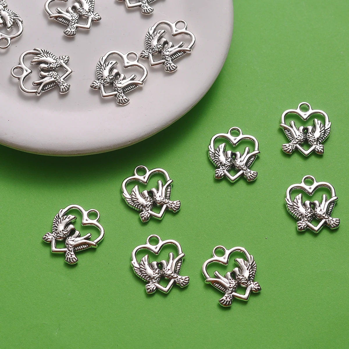 16 Hollow-Out Love Heart and Double Bird Shaped Pendants, Vintage Embossed Bird Heart Pendants, Suitable for DIY Bracelets, Necklaces, and Earrings, Romantic Vintage Handmade Beaded Jewelry Accessories
