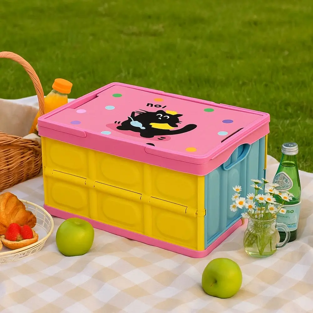 

Cartoon Outdoor Camping Box Space-Saving Large-capacity Stackable Crate with Handle Cat Pattern Portable Storage Box Trunk