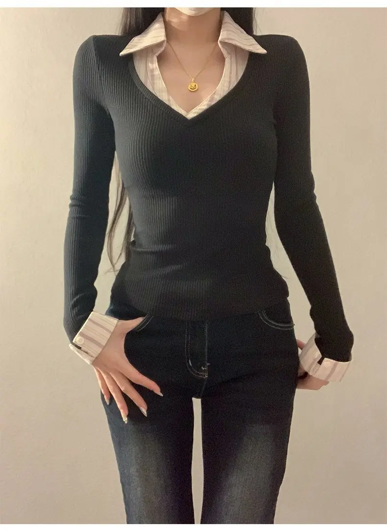 

2026 New Arrival Women's Korean Style Sweet Heart Neck Top Fake Two Piece Slim Fit Base Shirt